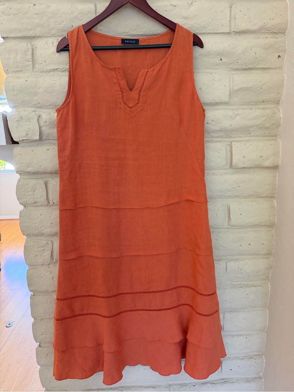 Facile of Italy/ Sleeveless Orange Linen Tiered Dress